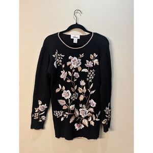 Vintage Worthington Floral Embroidered Knit Sweater‎ Cottagecore Black Size M